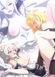 Rule 34 | 1futa, 1girl, arm up, assault lily, bare shoulders, bed sheet, black gloves, black shirt, black skirt, black thighhighs, blonde hair, blue ribbon, bow, bow hairband, braid, breasts, breasts apart, breasts out, clothed sex, clothes lift, clothes pull, collar, collarbone, collared shirt, commentary request, commission, detached sleeves, elbow gloves, fingerless gloves, flower, frilled gloves, frilled skirt, frilled sleeves, frills, from side, futa with female, futanari, garter straps, gloves, green eyes, grey hair, hair between eyes, hair bow, hair bun, hair flower, hair ornament, hair ribbon, hairband, hand on another&#039;s stomach, hand up, hayakawa yahiro, implied futanari, kneeling, lactation, large breasts, leg up, long hair, looking at another, lying, medium hair, miniskirt, missionary, mototenn, multiple girls, multiple views, nipples, on back, open mouth, pillow, pink hairband, profile, ribbon, sex, sheet grab, shirt, shirt pull, short sleeves, side braid, single braid, single side bun, skeb commission, skirt, skirt lift, sleeveless, sleeveless shirt, sweat, thighhighs, tominaga shin, white bow, white collar, white flower, white gloves, white shirt, white thighhighs