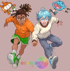 Rule 34 | 2boys, animification, blue footwear, blue hair, child, commentary request, dark-skinned male, dark skin, darwin watterson, dreadlocks, esenciasart, green footwear, green shorts, gumball watterson, highres, hood, hoodie, humanization, looking at viewer, male focus, multiple boys, orange hoodie, shorts, siblings, simple background, spanish commentary, teeth, the amazing world of gumball