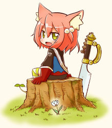 Rule 34 | 1girl, 7th dragon, 7th dragon (series), :d, animal ear fluff, animal ears, bike shorts, black shorts, blue jacket, blush, brown background, cat ears, commentary request, fang, fighter (7th dragon), flower, gloves, grass, green eyes, hair between eyes, hair bobbles, hair ornament, harukara (7th dragon), jacket, long sleeves, looking at viewer, looking back, naga u, one side up, open mouth, orange hair, planted, planted sword, planted weapon, red gloves, short shorts, shorts, sidelocks, sitting, smile, solo, striped clothes, striped legwear, striped thighhighs, sword, thighhighs, tree stump, weapon, white flower
