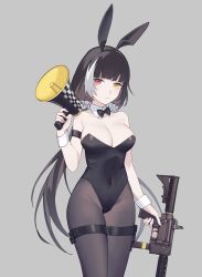 Rule 34 | 1girl, animal ears, bare shoulders, black hair, black leotard, bow, bowtie, breasts, cleavage, colt 9mm smg, commentary, covered navel, cowboy shot, detached collar, fake animal ears, girls&#039; frontline, grey background, gun, heterochromia, highres, holding, holding gun, holding megaphone, holding weapon, large breasts, leotard, long hair, looking at viewer, megaphone, multicolored hair, pantyhose, playboy bunny, rabbit ears, red eyes, ro635 (girls&#039; frontline), simple background, solo, strapless, strapless leotard, submachine gun, taiyang ami, thigh strap, trigger discipline, very long hair, weapon, white hair, wrist cuffs, yellow eyes