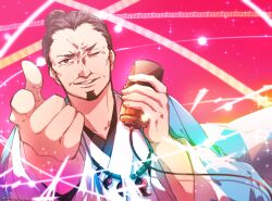 Rule 34 | 1boy, dancing, facial hair, fate/grand order, fate (series), goatee, hair knot, hair slicked back, haori, idol, japanese clothes, looking at viewer, magatama, male focus, masaki (star8moon), mature male, pointing, pointing at viewer, serizawa kamo (fate), short hair, smile, solo, thick eyebrows, upper body, wrinkled skin