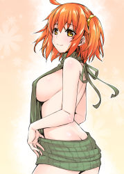 Rule 34 | 1girl, abe inori, ahoge, ass, backless dress, backless outfit, blush, breasts, butt crack, drawstring, dress, fate/grand order, fate (series), fujimaru ritsuka (female), hair ornament, hair scrunchie, large breasts, looking at viewer, meme attire, naked sweater, orange eyes, orange hair, ribbed sweater, scrunchie, short hair, side ponytail, sideboob, smile, solo, sweater, sweater dress, turtleneck, turtleneck sweater, virgin killer sweater, yellow scrunchie