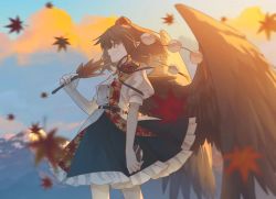 Rule 34 | 1girl, autumn, autumn leaves, bird wings, black hair, black skirt, black wings, blush, buttons, chinese commentary, closed mouth, collared shirt, feathered wings, frilled skirt, frills, hand fan, hat, hauchiwa, highres, holding, holding fan, jiege, leaf, maple leaf, pom pom (clothes), puffy short sleeves, puffy sleeves, purple eyes, red eyes, red hat, shameimaru aya, shirt, short hair, short sleeves, skirt, solo, tokin hat, touhou, white shirt, wings