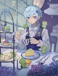 Rule 34 | 1boy, black sweater vest, blue flower, blue hair, bow, bowtie, cake, cup, cupcake, drink, earrings, flower, food, fork, frilled shirt, frills, frog, highres, indoors, jewelry, kitchen knife, on chair, original, purple eyes, shirt, short hair, sitting, solo, sweater vest, table, tea, translation request, umibatari, white bow, white bowtie, white shirt