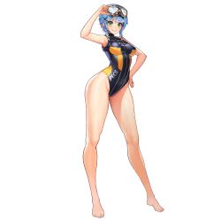 Rule 34 | 1girl, armpits, barefoot, blue hair, blush, braid, breasts, contrapposto, front zipper swimsuit, full body, game cg, goggles, goggles on head, grin, hair ornament, hand on own hip, heart, highleg, highleg swimsuit, highres, large breasts, last origin, long legs, looking at viewer, meme attire, official art, one-piece swimsuit, open mouth, sangobob, short hair with long locks, smile, solo, standing, swimsuit, symbol-shaped pupils, tachi-e, transparent background, triaina, triaina (last origin), twin braids, x hair ornament