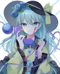 Rule 34 | 1girl, blood, blood on face, blood on hands, blue flower, blue rose, buttons, closed mouth, commentary request, corded phone, diamond button, flower, frilled sleeves, frills, green eyes, green hair, hair flower, hair ornament, hamonika monika, hat, hat ribbon, heart, heart of string, highres, holding, holding knife, holding phone, knife, komeiji koishi, light smile, long hair, long sleeves, looking at viewer, phone, ribbon, rose, shirt, smile, solo, third eye, touhou, upper body, wide sleeves, yellow ribbon, yellow shirt