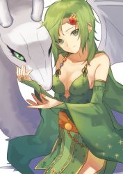 Rule 34 | 1girl, breasts, cleavage, closed mouth, detached sleeves, dragon, final fantasy, final fantasy iv, green eyes, green hair, hair ornament, highres, jewelry, long hair, looking at viewer, mist dragon, aged up, rydia (ff4), shirukokko, simple background, smile, thighhighs, white background, wings