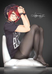 Rule 34 | 1girl, absurdres, ashley rosemarry, black hair, black nails, black pantyhose, black shirt, blouse, bob cut, bracelet, character signature, clothes writing, earrings, feet, female focus, freckles, from side, full body, glasses, goth fashion, gradient background, highres, jewelry, kopianget, looking at viewer, multicolored hair, nail polish, no pants, no shoes, open mouth, pantyhose, profile, red-framed eyewear, red hair, ring, shirt, short hair, short sleeves, sitting, solo, stayblack, stud earrings, swept bangs, t-shirt, toes