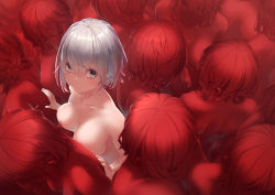 Rule 34 | 1girl, absurdres, blush, breasts, closed mouth, collarbone, commentary request, eyelashes, from behind, hair between eyes, hatsuga (dmaigmai), highres, huge filesize, large breasts, looking at viewer, medium breasts, nude, original, short hair, shoulder blades, silver hair, solo, standing