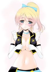 Rule 34 | 10s, 1girl, :o, ayase eli, blonde hair, blue eyes, blush, bow, breasts, cleavage, crop top, earrings, elbow gloves, frapowa, gloves, hair bow, jewelry, large breasts, looking at viewer, love live!, love live! school idol project, navel, no brand girls, pendant, ponytail, solo, white gloves