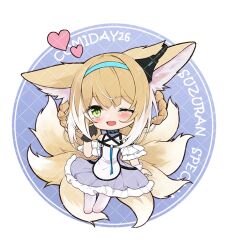 Rule 34 | 1girl, animal ear fluff, animal ears, arknights, arm at side, black collar, black gloves, blonde hair, blue hairband, blush, braid, braided hair rings, chibi, chinese commentary, clothing cutout, collar, commentary request, dress, earpiece, fox ears, fox girl, fox tail, frilled sleeves, frills, full body, gloves, green eyes, hair rings, hairband, hand up, heart, hehehzb, infection monitor (arknights), kitsune, kyuubi, material growth, mixed-language commentary, multicolored hair, multiple tails, no shoes, off-shoulder dress, off shoulder, one eye closed, open mouth, oripathy lesion (arknights), pantyhose, partial commentary, purple dress, short sleeves, shoulder cutout, single glove, solo, suzuran (arknights), tail, two-tone hair, white hair, white pantyhose, wrist cuffs