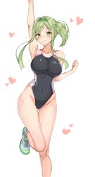 Rule 34 | 1girl, absurdres, alternate hairstyle, amagi (amagi626), arm up, armpits, black one-piece swimsuit, breasts, competition swimsuit, covered navel, curvy, green eyes, green hair, green hairband, grey footwear, groin, hairband, highleg, highleg swimsuit, highres, impossible clothes, impossible swimsuit, knee up, looking at viewer, medium breasts, narrow waist, one-piece swimsuit, paid reward available, shoes, short hair, short hair with long locks, side ponytail, sneakers, solo, standing, standing on one leg, sweat, swimsuit, teireida mai, touhou, wide hips