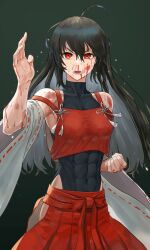 Rule 34 | 1girl, abs, ahoge, armpits, black hair, bleeding, blood, blood from mouth, blood on face, blood on hands, covered abs, detached sleeves, hair between eyes, hakama, hakama pants, hakama skirt, harapan-kun, highres, huge ahoge, japanese clothes, leotard, long hair, martial arts belt, muscular, muscular female, nontraditional miko, nosebleed, open mouth, pants, red eyes, red hakama, sendai hakurei no miko, simple background, skirt, solo, sweat, touhou, very sweaty