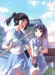 Rule 34 | 10s, 2girls, :d, aqua neckerchief, black hair, blue eyes, blue skirt, brown eyes, building, cloud, cloudy sky, collarbone, copyright name, day, eye contact, flute, hair between eyes, hair ornament, hibike! euphonium, high ponytail, highres, holding, holding hands, holding instrument, ikeda shouko, instrument, kasaki nozomi, long hair, looking at another, looking back, mouth hold, multiple girls, neckerchief, official art, open mouth, outdoors, pleated skirt, ponytail, school uniform, serafuku, shirt, short sleeves, skirt, sky, smile, standing, walking, white shirt, yoroizuka mizore