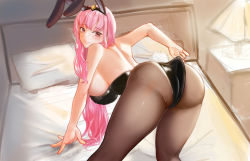 Rule 34 | 1girl, absurdres, animal ears, ass, bed, bedroom, bent over, black leotard, black pantyhose, blush, breasts, fake animal ears, fake tail, highres, hololive, hololive english, large breasts, leotard, leotard pull, long hair, looking at viewer, looking back, mori calliope, pantyhose, pink hair, playboy bunny, rabbit ears, rabbit tail, red eyes, simple (ejhe3475), solo, strapless, strapless leotard, tail, virtual youtuber