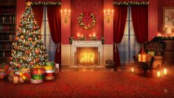 Rule 34 | armchair, azuma hatori, bookshelf, box, candelabra, candle, candlestand, carpet, chair, christmas, christmas ornaments, christmas tree, christmas wreath, curtains, european architecture, fire, fireplace, firewood, floral print, gift, gift box, highres, indoors, lamp, lantern, muntins, night, no humans, official art, prince kingdom, rose print, scenery, window, wreath