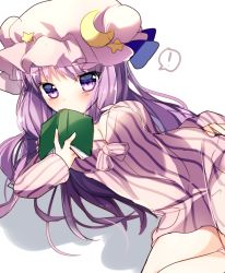 Rule 34 | !, 1girl, blush, book, breasts, covering own mouth, crescent, crescent hair ornament, dress, hair ornament, hat, long hair, long sleeves, looking at viewer, lying, mob cap, morinaga kobato, on side, patchouli knowledge, purple dress, purple eyes, purple hair, solo, spoken exclamation mark, striped clothes, striped dress, thighs, touhou, very long hair