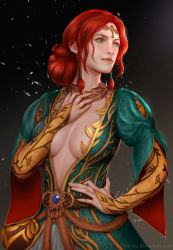 Rule 34 | 1girl, alternate costume, areola slip, braid, breasts, bridal gauntlets, center opening, green eyes, hair bun, half updo, hand on own hip, jewelry, lips, medium breasts, necklace, no bra, nose, puff and slash sleeves, puffy sleeves, red hair, side braid, single hair bun, solo, the witcher (series), the witcher 3, tiara, triss merigold, watermark, web address, ynorka chiu
