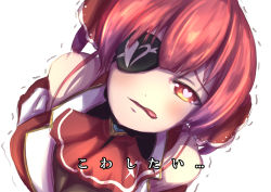 Rule 34 | 1girl, ascot, bare shoulders, cleavage, commentary request, eyepatch, hair between eyes, heart, heart-shaped pupils, highres, hololive, houshou marine, kuma grylis, looking at viewer, red ascot, red eyes, red hair, see-through, see-through cleavage, simple background, solo, symbol-shaped pupils, tongue, tongue out, translation request, trembling, twintails, virtual youtuber, white background