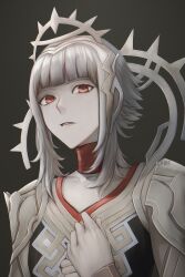 Rule 34 | 1girl, absurdres, choker, fire emblem, fire emblem heroes, grey hair, hand on own chest, highres, lips, looking at viewer, nintendo, official alternate hairstyle, red eyes, short hair, sidelocks, tagme, veronica (fire emblem)
