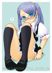 Rule 34 | 1girl, akatsuki (akatsukishiki), akatsuki (artist), blue eyes, blush, glasses, kneehighs, purple hair, socks, solo, twintails