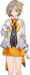 Rule 34 | brown hair, digimon, digimon new century, female protagonist (digimon new century), looking at viewer, official art, ribbon, skirt, transparent background, yellow eyes
