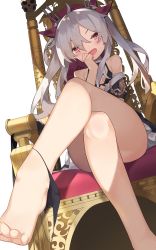 Rule 34 | 1girl, azur lane, bare legs, bare shoulders, barefoot, bikini, bikini top only, black bikini, black panties, bow, breasts, commentary request, crossed legs, feet, from below, front-tie bikini top, front-tie top, full body, hair bow, hair ornament, hand to own mouth, highres, long hair, looking at viewer, open mouth, panties, panties around leg, red bow, red eyes, shishamo (maraosan3), silver hair, sitting, small breasts, solo, swimsuit, throne, toes, twintails, underwear, vampire (azur lane), very long hair, white background