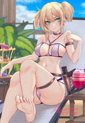 Rule 34 | 1girl, bare shoulders, barefoot, bikini, blue sky, bolt action, breasts, cleavage, earrings, feet, food, foot out of frame, girls&#039; frontline, green eyes, gun, handgun, holstered, integral suppressor, integrally-suppressed firearm, jewelry, looking at viewer, medium breasts, navel, outdoors, paid reward available, popoman, sitting, sky, soles, suppressor, sweat, swimsuit, toes, two side up, weapon, welrod, welrod mk ii, welrod mkii (girls&#039; frontline)