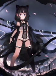 Rule 34 | 1girl, absurdres, animal ears, bare shoulders, black hair, black panties, black thighhighs, blue eyes, bow, bridal garter, cat ears, cat tail, choker, detached sleeves, flower, fom (lifotai), frilled thighhighs, frills, highres, katana, long hair, low twintails, maid headdress, original, panties, petals, single thighhigh, sketch, solo, standing, sword, tail, thighhighs, twintails, underwear, weapon, wrist cuffs