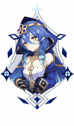 Rule 34 | 1girl, absurdres, bare shoulders, black gloves, blue hair, blue hood, blue sleeves, bright pupils, claw ring, detached sleeves, drill hair, drill sidelocks, genshin impact, gloves, gold choker, gold trim, highres, hood, hood up, jewelry, juliet sleeves, layla (genshin impact), long sleeves, neck ring, open mouth, own hands clasped, own hands together, pointy ears, portrait, puffy sleeves, ringlets, sidelocks, simple background, snozaki, solo, twin drills, white background, white pupils, yellow eyes