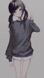 Rule 34 | 1girl, black hair, closed mouth, commentary request, cowboy shot, grey background, grey sweater, hand up, head tilt, highres, long sleeves, original, p2 (uxjzz), shorts, simple background, smile, solo, standing, twintails, v, white shorts, yellow eyes