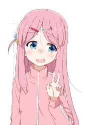 Rule 34 | 1girl, blue eyes, bocchi the rock!, cube hair ornament, gotoh hitori, hair ornament, hairclip, highres, jacket, kayabakoro, long hair, long sleeves, one side up, open mouth, pink hair, pink jacket, simple background, solo, track jacket, upper body, v, white background