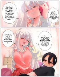 Rule 34 | 2girls, 2koma, :d, ^ ^, anya (grs-), black hair, black pantyhose, blanc (grs-), blush, brown eyes, cellphone, chest of drawers, closed eyes, comic, commentary, cunnilingus, english commentary, english text, grin, grs-, hair ornament, hairclip, highres, holding, holding phone, indoors, jitome, long hair, multiple girls, open mouth, oral, original, pantyhose, phone, pink eyes, pink skirt, sitting, skirt, smartphone, smile, speech bubble, spoken character, sweatdrop, sweater vest, teeth, torn clothes, torn pantyhose, upper teeth only, white hair, yuri