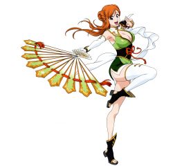 Rule 34 | 1girl, bleach, bleach: brave souls, blue eyes, breasts, chinese clothes, cleavage, cleavage cutout, clothing cutout, full body, hand fan, highres, inoue orihime, kubo tite, kunoichi, large breasts, long hair, official art, orange hair, simple background, smile, solo