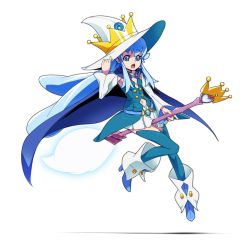 Rule 34 | 1girl, armpits, bare shoulders, blue thighhighs, broom, broom riding, crown, cure princess, detached sleeves, han megumi, happinesscharge precure!, hat, holding, holding clothes, holding hat, large hat, miniskirt, navel, open mouth, pinky out, pleated skirt, precure, shirayuki hime, simple background, skirt, solo, staff, thighhighs, uganda (ugandam 00), white background, white hat, witch hat, zettai ryouiki