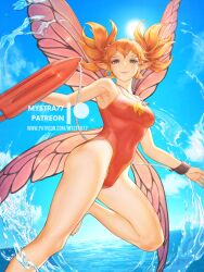 Rule 34 | 1girl, artist name, blue eyes, breasts, butterfly wings, day, facial mark, fairy wings, feo ul, final fantasy, final fantasy xiv, highleg, highleg swimsuit, insect wings, lifeguard, looking at viewer, medium breasts, mystra77, one-piece swimsuit, orange hair, pointy ears, red one-piece swimsuit, short hair, short twintails, solo, swimsuit, twintails, water, watermark, web address, whistle, whistle around neck, wings
