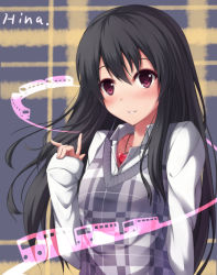 Rule 34 | 1girl, black hair, blush, borrowed character, character name, collared shirt, hair between eyes, highres, jewelry, long hair, long sleeves, necklace, nicoby, original, red eyes, shirt, solo, sweater vest, train, upper body, white shirt