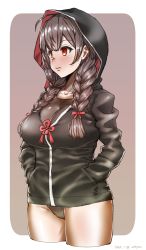 Rule 34 | 1girl, absurdres, adapted costume, attyon, black jacket, black one-piece swimsuit, border, braid, breasts, brown background, brown hair, commentary request, competition swimsuit, cowboy shot, cropped legs, hands in pockets, highres, hood, hood up, hooded jacket, hoodie, jacket, kantai collection, large breasts, long hair, one-piece swimsuit, red eyes, shinshuu maru (kancolle), solo, swimsuit, swimsuit under clothes, twin braids, two-tone background, white border