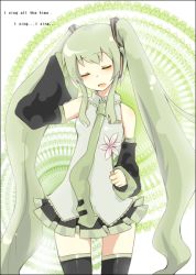 Rule 34 | 1girl, bare shoulders, blush, detached sleeves, closed eyes, female focus, flower, green hair, grey shirt, hair ornament, hand up, hatsune miku, holding, long hair, mono (recall), necktie, open mouth, shirt, skirt, sleeveless, sleeveless shirt, solo, thighhighs, twintails, very long hair, vocaloid, zettai ryouiki