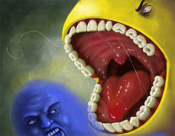 Rule 34 | angry, artist request, chasing, creature, creepy, ghost, inky (pac-man), lowres, namco, no humans, open mouth, pac-man, pac-man (game), realistic, saliva, saliva trail, scared, simple background, teeth, tongue, uvula, what