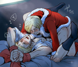 Rule 34 | 2boys, anal, axis powers hetalia, bed, blonde hair, blush, christmas, closed eyes, clothed sex, cum, drooling, finland (hetalia), male focus, male penetrated, moaning, multiple boys, muscular, nipples, open clothes, open mouth, open shirt, pectorals, ribbon, saliva, santa costume, sex, shirt, socks, sweat, sweden (hetalia), teeth, tongue, wince, yaoi