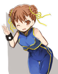 Rule 34 | 1girl, ;d, arm behind back, arm up, bare shoulders, blue jacket, blue unitard, blush, brown eyes, brown hair, capcom, chun-li, double bun, grey background, hair between eyes, hair bun, hair ribbon, jacket, kurasuke, leaning forward, looking at viewer, one eye closed, open mouth, ribbon, sleeveless, sleeveless jacket, smile, solo, street fighter, street fighter zero (series), thigh gap, two-tone background, unitard, white background, wrist cuffs, yellow ribbon