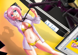 Rule 34 | 1girl, blue eyes, breasts, contrapposto, dutch angle, female pubic hair, glasses, highres, indoors, lipstick, makeup, model, modeling, mouth hold, nail polish, necktie, open clothes, open shirt, original, pink hair, pubic hair, see-through, shirt, short hair, solo, tablet, tan (knock up), tripod, underboob