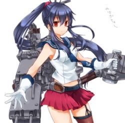 Rule 34 | 10s, 1girl, black hair, cannon, gloves, kantai collection, machinery, midriff, momoiro, navel, pleated skirt, ponytail, red eyes, red skirt, sailor collar, single thighhigh, skirt, solo, thighhighs, translated, turret, white gloves, yahagi (kancolle)