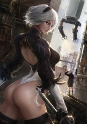 Rule 34 | 1boy, 1girl, absurdres, ass, back cutout, black dress, black gloves, black hairband, boots, breasts, clothing cutout, covered eyes, dress, feather-trimmed sleeves, gloves, hairband, highleg, highleg leotard, highres, holding, holding sword, holding weapon, industrial, juliet sleeves, katana, leotard, long sleeves, medium breasts, nier (series), nier:automata, no blindfold, pod (nier:automata), puffy sleeves, short hair, silver hair, sword, thighhighs, thighhighs under boots, weapon, white leotard, 2b (nier:automata), 9s (nier:automata)