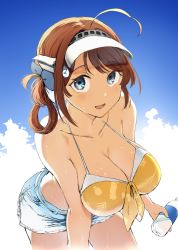 Rule 34 | 1girl, ahoge, bare arms, bare shoulders, bikini, blue eyes, blush, bottle, breasts, brown hair, chougei (kancolle), cleavage, collarbone, cowboy shot, hair rings, highres, holding, holding bottle, ibuki (abuki), kantai collection, large breasts, looking at viewer, official alternate costume, open mouth, short hair, solo, swimsuit, water bottle, yellow bikini