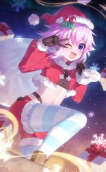Rule 34 | 1girl, alternate costume, artist name, ass, binato lulu, breasts, christmas, covered erect nipples, female focus, hat, highres, jewelry, looking at viewer, neptune (neptunia), neptune (series), open mouth, pink hair, purple eyes, santa hat, short hair, small breasts, smile, solo, striped clothes, striped thighhighs, text focus, thighhighs