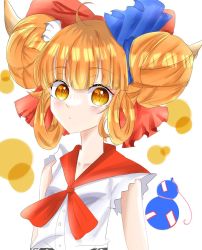 Rule 34 | 1girl, blue bow, blunt bangs, blush, bow, breasts, closed mouth, commentary request, double bun, expressionless, gourd, hair bow, hair bun, highres, horns, ibuki suika, looking at viewer, lotus eaters, neckerchief, one-hour drawing challenge, orange eyes, orange hair, red bow, red neckerchief, shirt, short hair, sleeveless, sleeveless shirt, slit pupils, small breasts, solo, touhou, upper body, white background, white shirt, yugaosora23