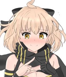Rule 34 | 1girl, ahoge, atsumisu, bad id, bad pixiv id, bare shoulders, black bow, black gloves, black scarf, blush, bow, breasts, cleavage, closed mouth, fate/grand order, fate (series), fingers together, flying sweatdrops, gloves, hair between eyes, hair bow, hands up, index fingers together, light brown hair, medium breasts, nervous smile, nose blush, okita j. souji (fate), okita j. souji (first ascension) (fate), okita souji (fate), okita souji (koha-ace), orange eyes, scarf, simple background, single glove, smile, solo, tears, upper body, wavy mouth, white background