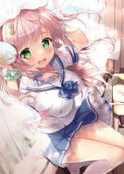 Rule 34 | 1girl, blue skirt, blush, braid, breasts, brown hair, classroom, clothes lift, commentary request, curtains, desk, flower, green eyes, hair blowing, hair flower, hair ornament, hair ribbon, hairclip, highres, kneehighs, large breasts, long hair, looking at viewer, mikeou, open mouth, original, pleated skirt, ribbon, school desk, school uniform, scrunchie, serafuku, shirt, sitting, skirt, skirt lift, smile, socks, solo, teeth, upper teeth only, white shirt, white socks, wind, wind lift, windowsill, wrist scrunchie